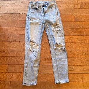 American Eagle Outfitters High Rise Light Wash Distressed Mom Straight Leg Jeans